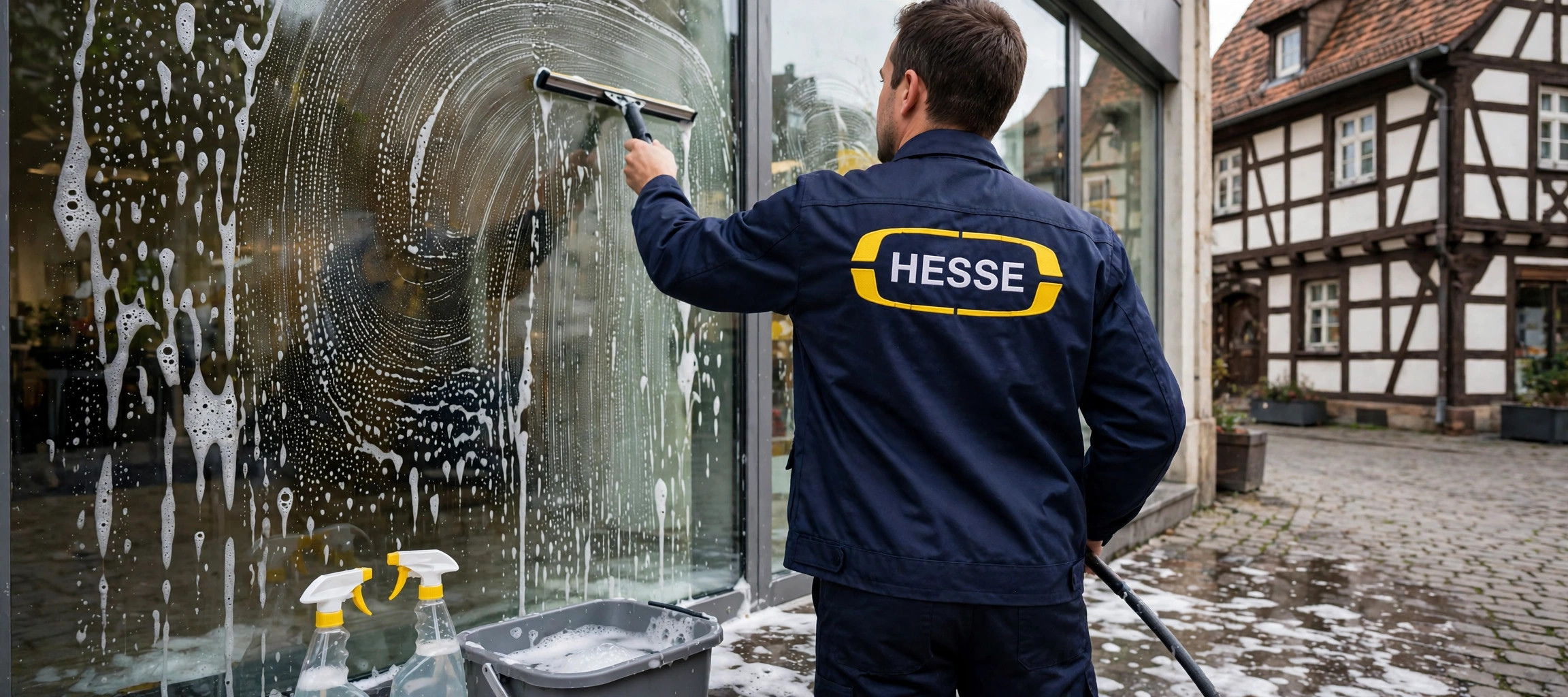 Hesse Mitarbeiter bei der Glasreinigung an einem Fachwerkhaus